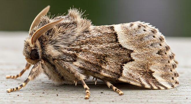 Brown fuzzy moth on surface closeup.