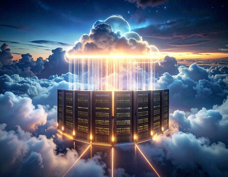 Conceptual Digital Server Array with Luminous Cloud Formation