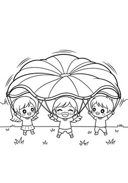Children playing under a large parachute outdoors.
