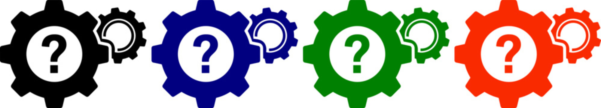 Gear help icons in black blue green and orange colors on transparent background representing questions