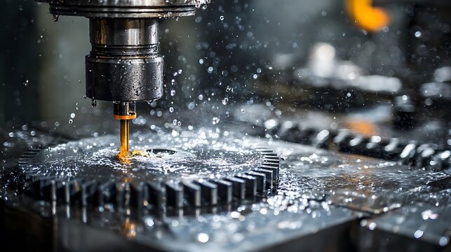 CNC milling machine cutting metal gear with cooling fluid.