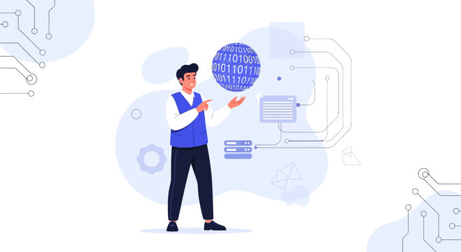 Man interacting with digital data globe and futuristic circuits, representing technology, data science, and AI concepts