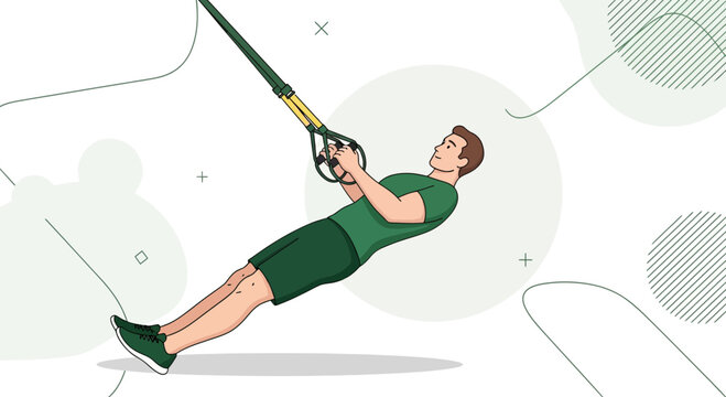 Man performing suspension trainer exercise, workout, fitness, healthy lifestyle, athletic man doing TRX rows, vector illustration