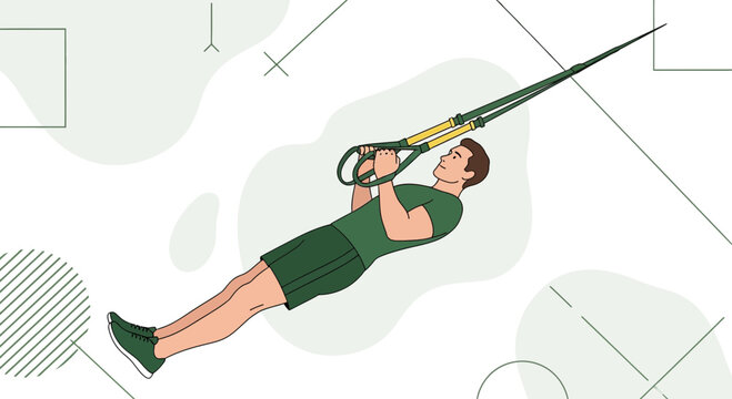 Man performing TRX workout, graphic vector illustration of fitness and exercise