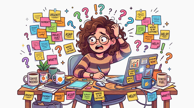 Overwhelmed businesswoman working at messy desk with sticky notes cartoon