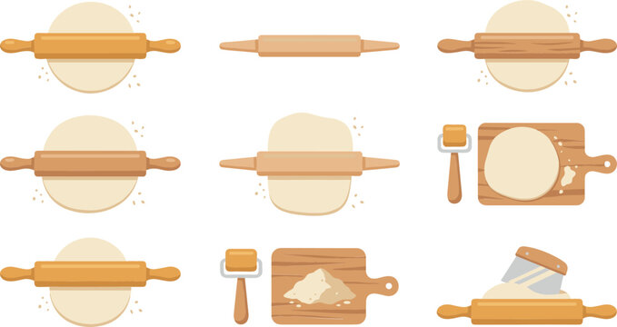 Baking and pastry tool vector collection with wooden rolling pins dough sheets flour powder cutting boards bench scraper and kitchen utensils.