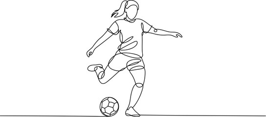 Fototapeta premium Woman playing soccer kicking a ball in a continuous line style with a white background and a simple outline