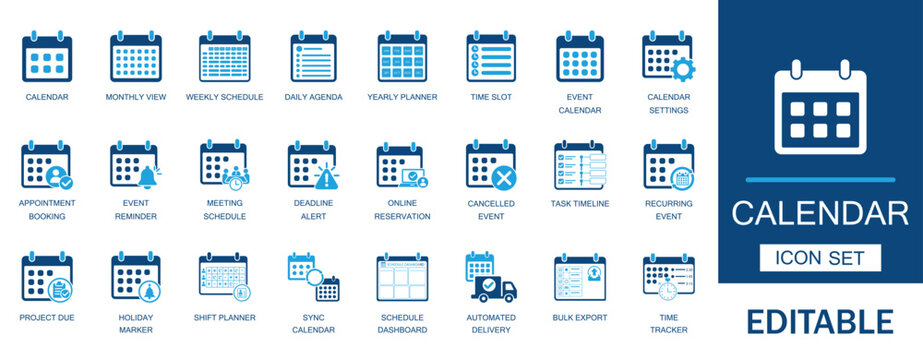 Calendar and scheduling icon set. Featuring monthly view, weekly schedule, daily agenda, event reminder, online reservation, time tracker, and deadline alert symbols.