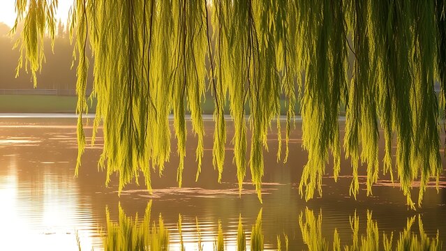 Weeping willow branches drooping over a calm water surface at morning.