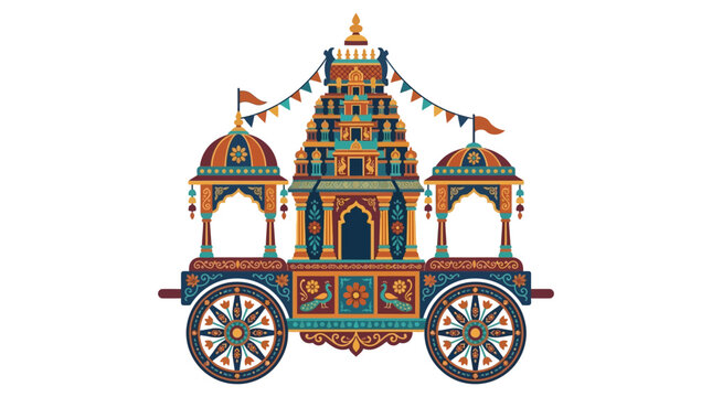 Ornate traditional Indian temple chariot with intricate carvings and colorful decorations.