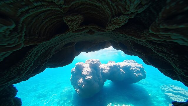 A coral reef arch with a central keystone rock under clear blue water.
