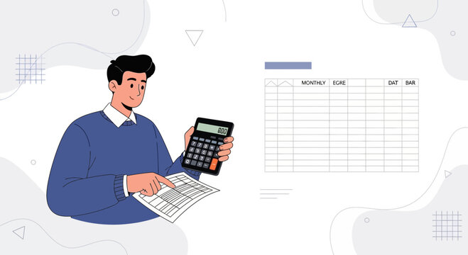 Man with Calculator and Spreadsheet for Finance, Accounting, Budgeting, and Financial Planning Concepts