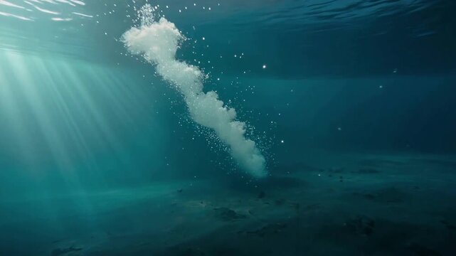 Underwater Air Bubbles Rising in Deep Blue Ocean With Sunlight