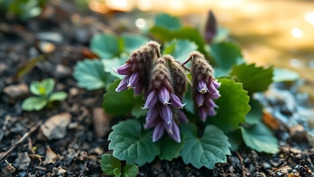 Cluster of purple comfrey flowers growing by a stream in moist soil.