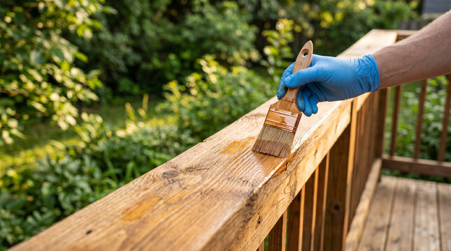 Closeup of blue gloved hand applying wood stain to deck railing on a sunny day. Exterior maintenance, protection, renovation, DIY home improvement.