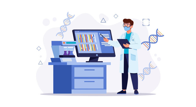 Scientist analyzing DNA data on computer in modern laboratory with genetic sequencing equipment and DNA helix.