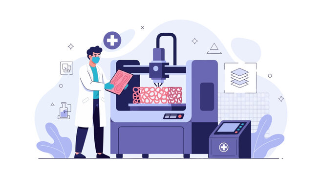 Scientist using 3D printer for bioprinting complex biological structures in a modern laboratory setting.