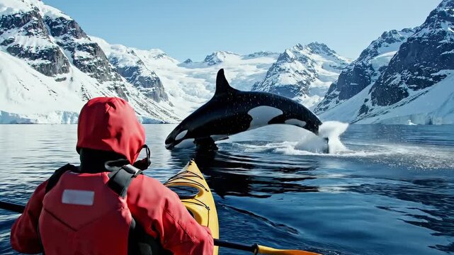 kayaker turning toward breaching orca over shoulder shot, paddle angled as killer whale rises diagonally against snow covered mountains in northern norway, illustrating arctic wildlife encounter