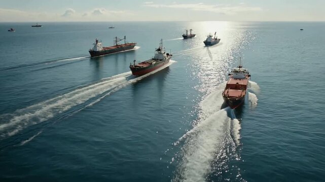 Cargo Ships Sailing Across Open Sea for Maritime Transport and Global Trade