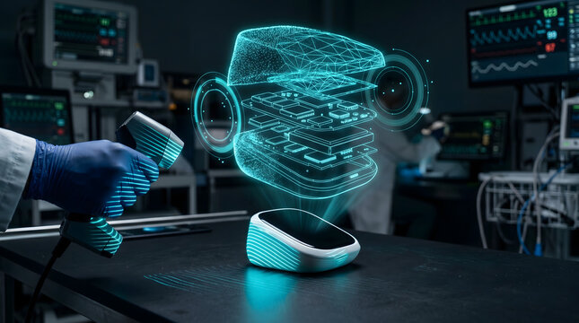 Healthcare professional using 3d scanner for iot device analysis in a high tech medical setting