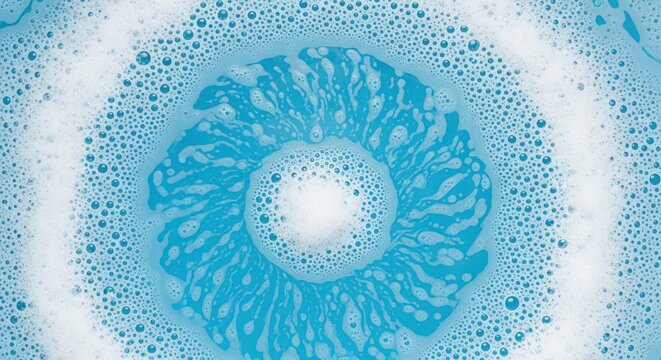 Abstract background of blue soapy water with white foam bubbles in a circular pattern
