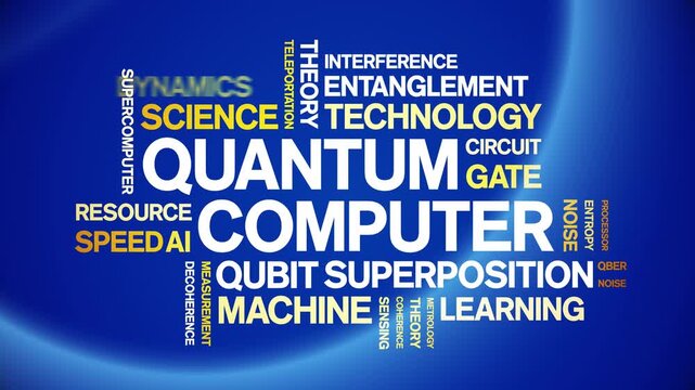 Quantum Computer animated word cloud-text design animation tag kinetic typography seamless loop.