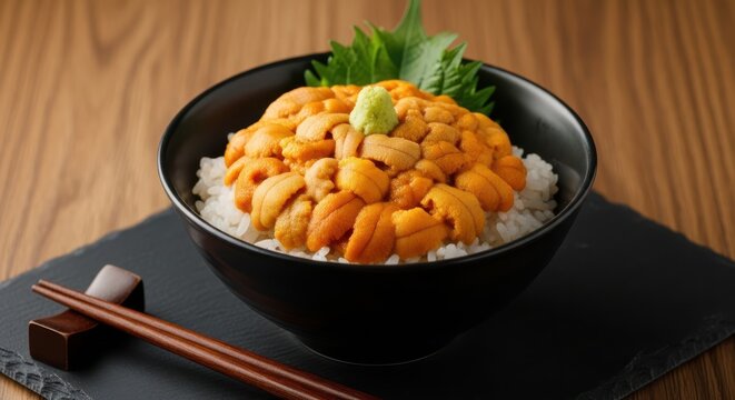 Fresh uni don bowl with sea urchin, rice, and wasabi on a dark slate board