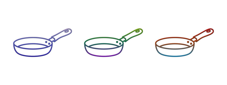 Three colorful frying pans with gradient outline icons