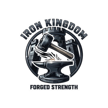 Powerful vintage-style emblem of an anvil and hammer within a castle wall, ideal for fitness, gym, or traditional metalworking brands.