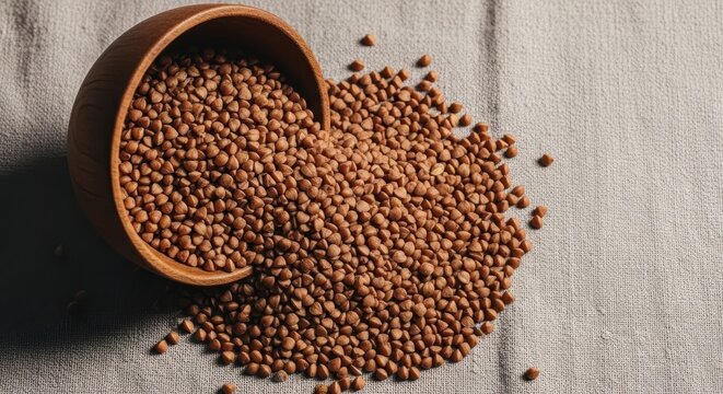 Raw buckwheat groats in a wooden bowl on a rustic fabric background
