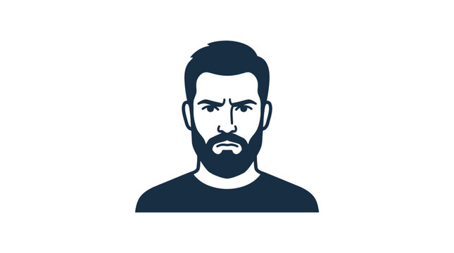 Minimalist vector illustration of a serious man with a beard and dark hair.