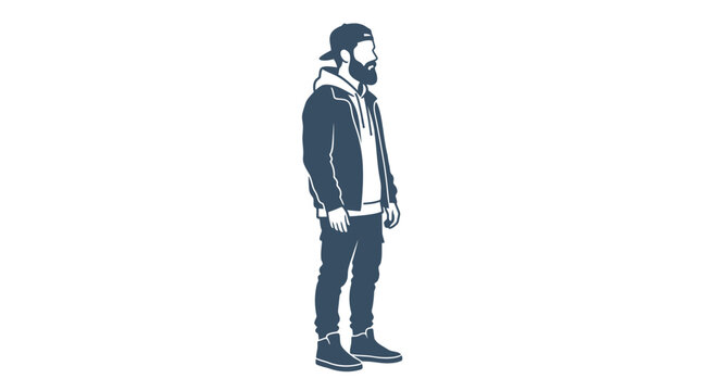 A stylized illustration of a young man with a beard wearing a cap and hoodie.