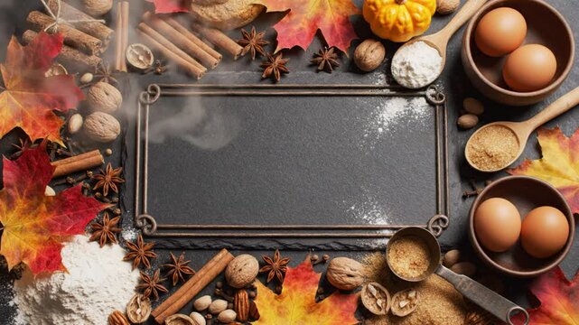 Cozy autumn baking ingredients arranged around a blank chalkboard for a seasonal recipe