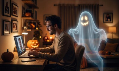 Obraz premium Man working on laptop at home with Halloween pumpkin and ghost decoration in cozy dim lighting