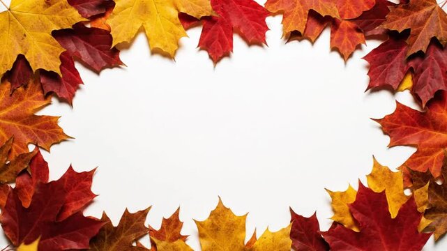 Autumn foliage background with fall leaves forming an elegant frame on a white backdrop with copy space