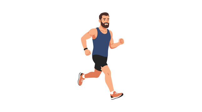 A bearded man in a blue tank top running forward.