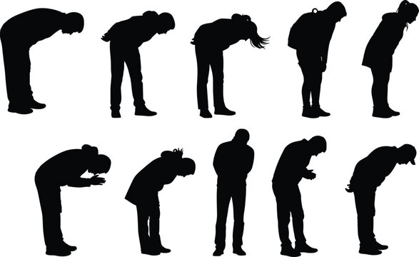 Silhouette vector illustrations of people bowing down in respect greeting or expressing apology in traditional asian culture