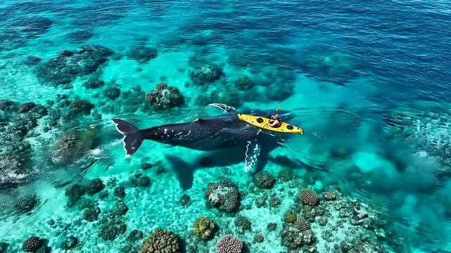 high altitude aerial view of lone kayak casting shadow over clear reef water as massive whale silhouette glides beneath, serene ocean encounter highlighting scale contrast, marine wildlife concept