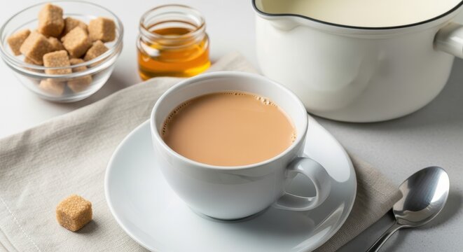 Cup of hot milk tea with brown sugar cubes, honey and milk pot on table traditional english tea or chai latte