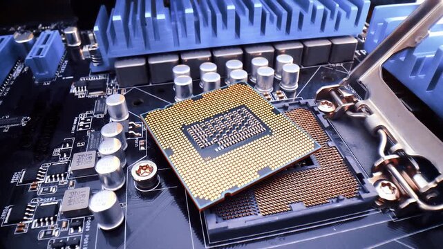 Computer processor on motherboard socket with gold pins and electronic components.