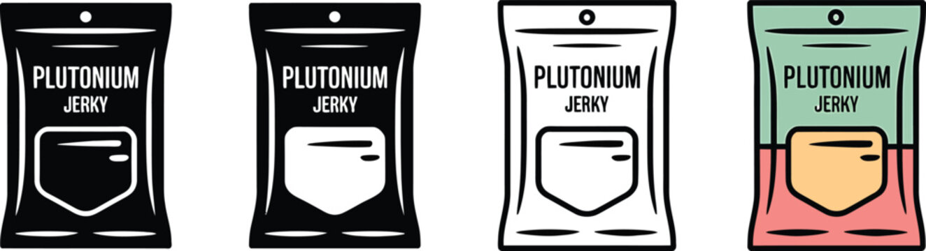 Four stylized illustrations of packaging for plutonium jerky food product isolated on transparent background