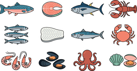 Fresh seafood vector illustration set featuring salmon fillet steak tuna fish lobster crab shrimp octopus mussels mackerel clams and raw marine market ingredients. © MdMehedi