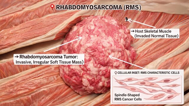 3D Medical Illustration of Rhabdomyosarcoma (RMS), Showing Invasive Soft Tissue Tumor in Skeletal Muscle with Spindle-Shaped Cancer Cells