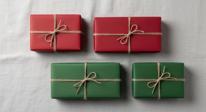 Four gift boxes wrapped in red and green paper with twine on a textured fabric background
