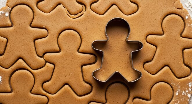 Gingerbread man cookie cutter on rolled out dough