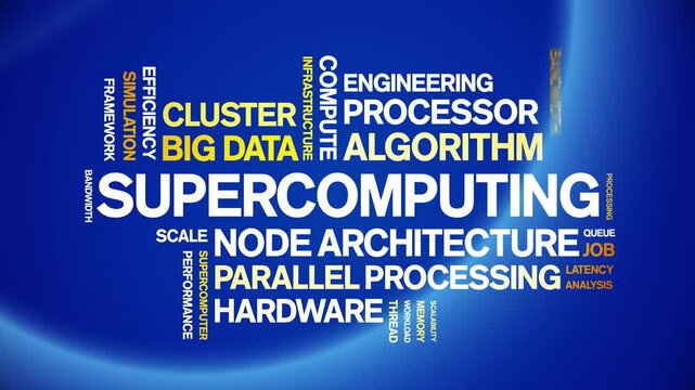 Supercomputing animated word cloud-text design animation tag kinetic typography seamless loop.
