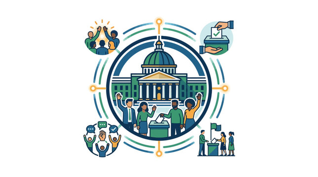 A colorful illustration depicting civic engagement and democratic processes centered around a government building.