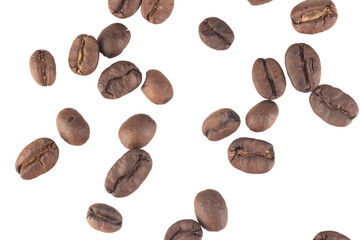 Naklejka premium Coffee beans fall on a white background scattered empty space