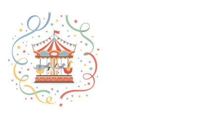 A colorful vintage merry-go-round illustration featuring festive streamers and confetti on a clean white background. © Regina