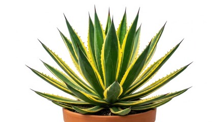 Fototapeta premium Beautiful Variegated Agave Americana Plant in Terracotta Clay Pot, Isolated on Solid White Background, Close-up of Succulent Garden Houseplant with Green and Yellow Leaves